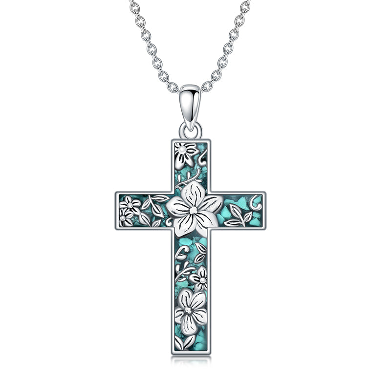 Sterling Silver Turquoise Personalized Engraved 12 Month Birth Flower Cross Pendant Necklace