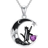 Sterling Silver Heart Birthstone Moon Star Black Cat Pendant Necklace