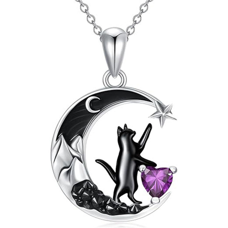Sterling Silver Heart Birthstone Moon Star Black Cat Pendant Necklace