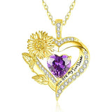 Sterling Sliver Birthstone Love Heart & Sunflower Pendant Necklace Engraved With You Are My Sunshine