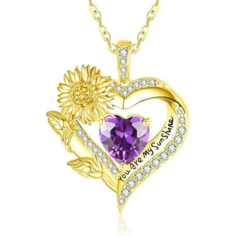 Sterling Sliver Birthstone Love Heart & Sunflower Pendant Necklace Engraved With You Are My Sunshine
