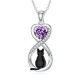 Sterling Silver Birthstone Infinity Black Cat Pendant  Necklace