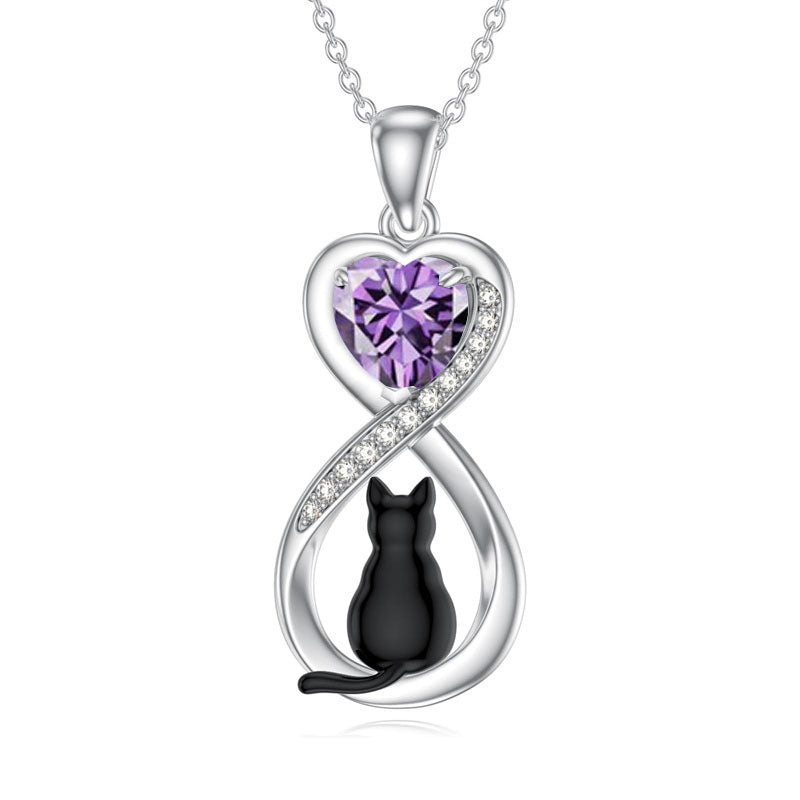 Sterling Silver Birthstone Infinity Black Cat Pendant  Necklace