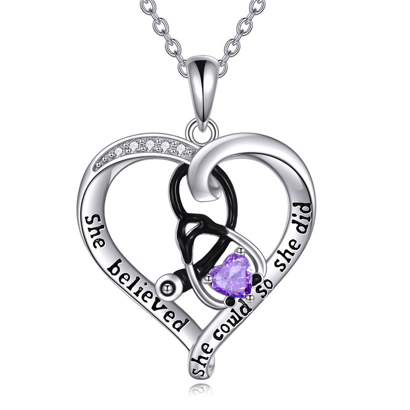 10K 14K 18K Gold Birthstone Caduceus & Stethoscope Pendant Necklace