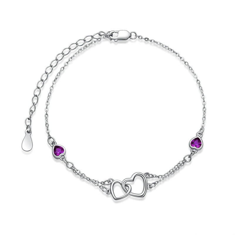 Sterling Silver Double Heart Birthstone Single Layer Anklet