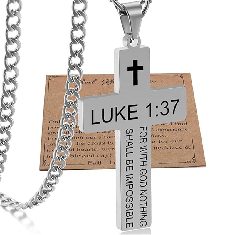 Stainless Steel Bible Verse Cross Necklace for Men with Cuban Chain