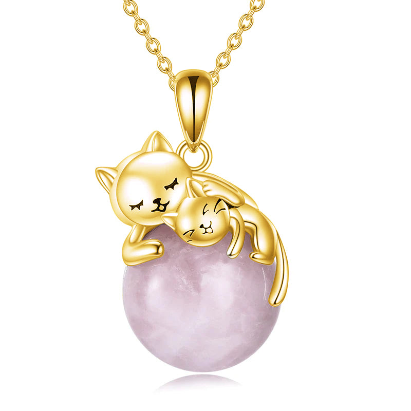 Sterling Silver Moonstone Pearl Rose Quartz Crystal Cat Pendant Necklace