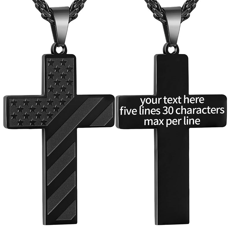 Stainless Steel Personalized Engraved American Flag Cross Pendant Necklace