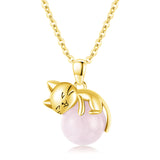 Sterling Silver Moonstone Pearl Rose Quartz Crystal Cat Pendant Necklace