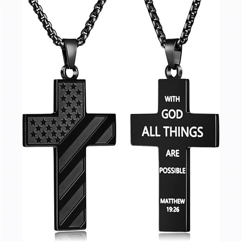 Stainless Steel Inspirational Bible Verse American Flag Cross Pendant Necklace