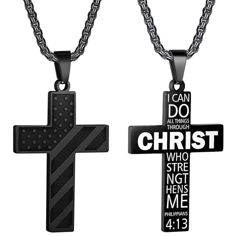Stainless Steel Inspirational Bible Verse American Flag Pendant Necklace for Men
