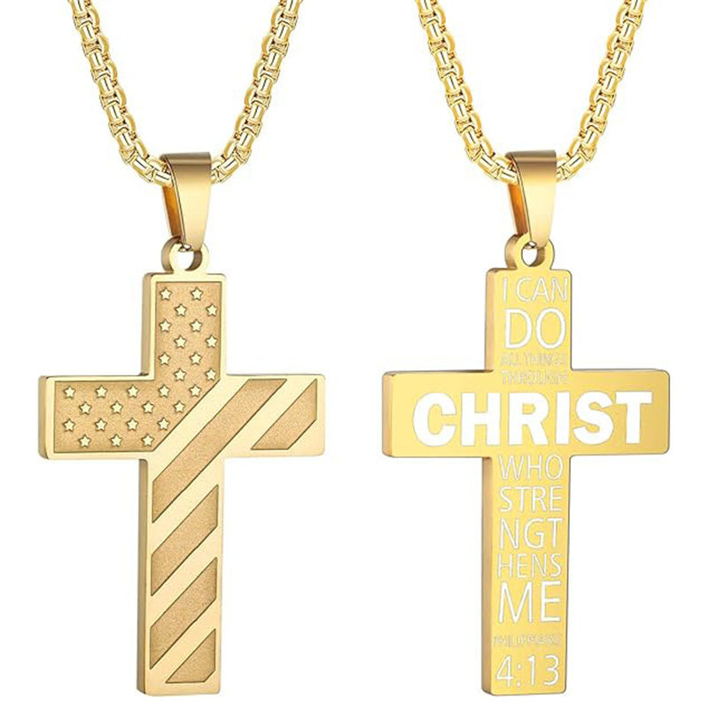 Stainless Steel Inspirational Bible Verse American Flag Pendant Necklace for Men