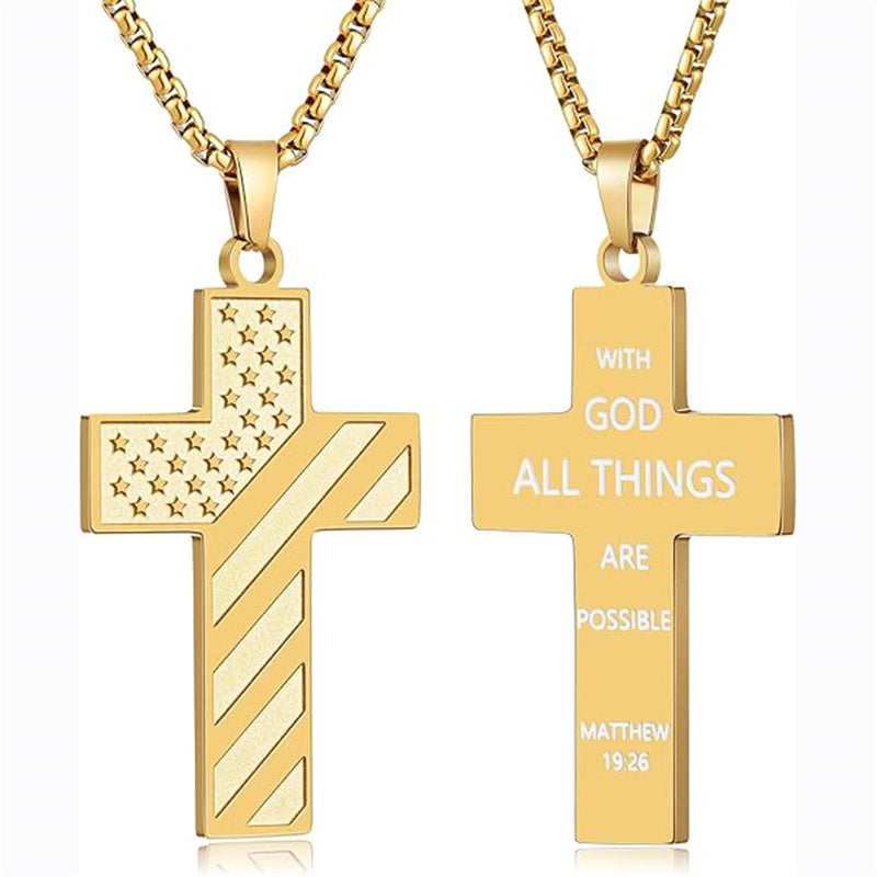 Stainless Steel Inspirational Bible Verse American Flag Cross Pendant Necklace
