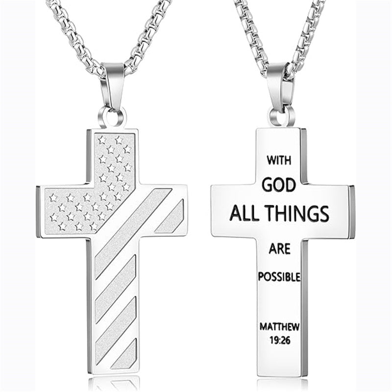 Stainless Steel Inspirational Bible Verse American Flag Cross Pendant Necklace