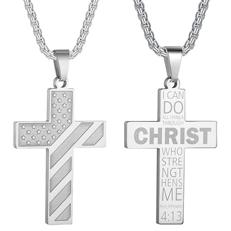 Stainless Steel Inspirational Bible Verse American Flag Pendant Necklace for Men