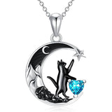 Sterling Silver Heart Birthstone Moon Star Black Cat Pendant Necklace
