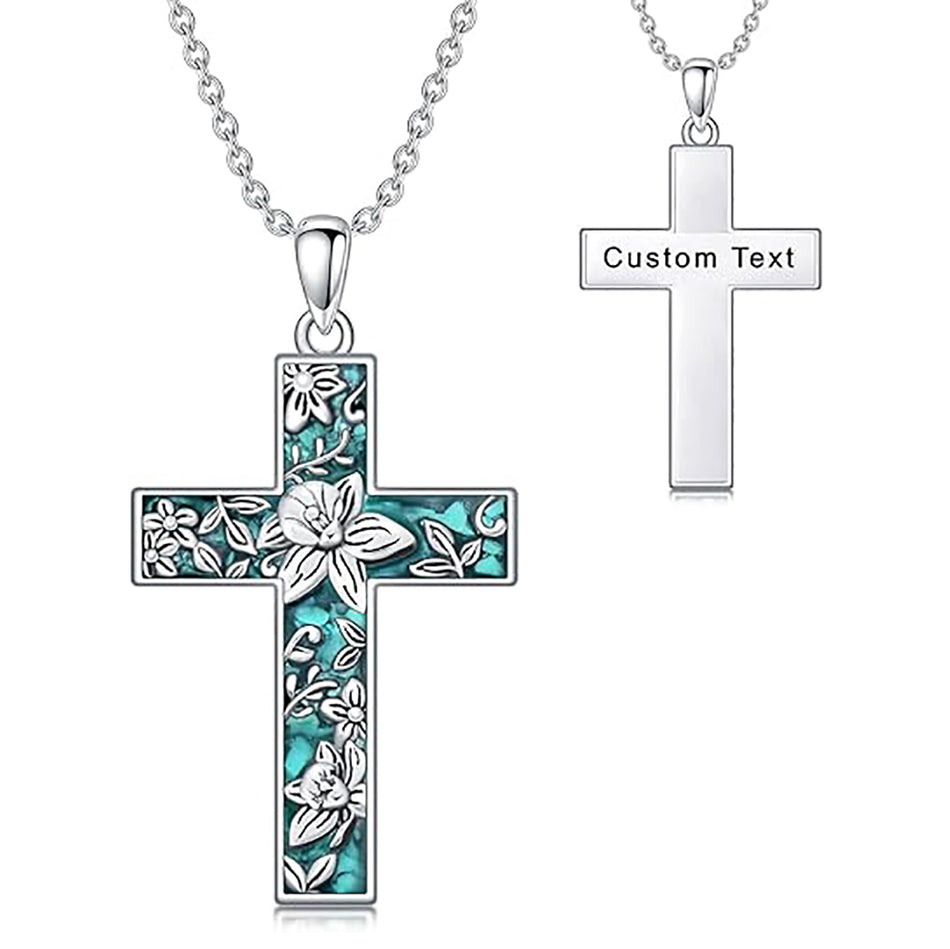 Sterling Silver Turquoise Personalized Engraved 12 Month Birth Flower Cross Pendant Necklace