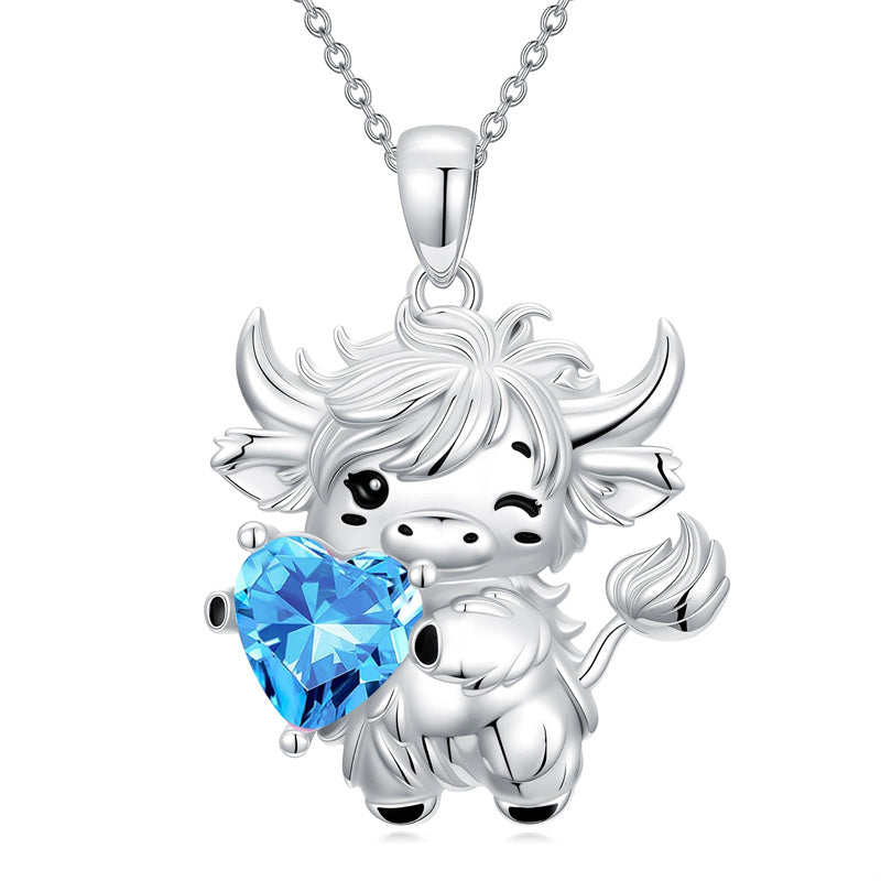 Sterling Silver Heart  Birthstone Highland Cow Pendant Necklace