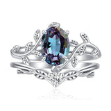 Sterling Silver Oval Shaped  Leaf Gemstone Engagement Rings Set for Women