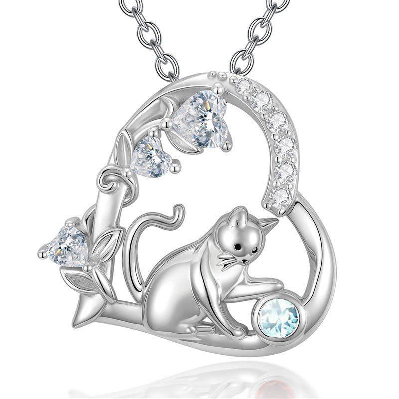 Sterling Silver 12 Month Birthstone Cat Pendant Necklace Gifts for Cat Lovers