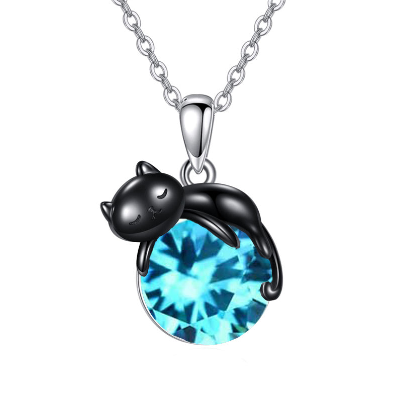 Sterling Silver Birthstone Infinity Black Cat Pendant  Necklace