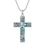 Sterling Silver Turquoise Personalized Engraved 12 Month Birth Flower Cross Pendant Necklace