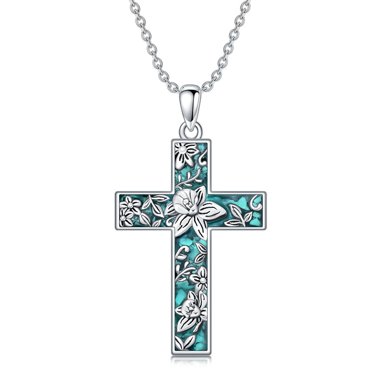 Sterling Silver Turquoise Personalized Engraved 12 Month Birth Flower Cross Pendant Necklace