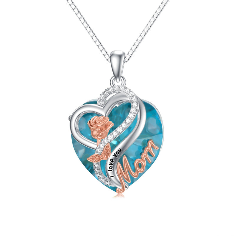 Sterling Silver Birthstone Heart Rose Pendant Necklace With Engraved