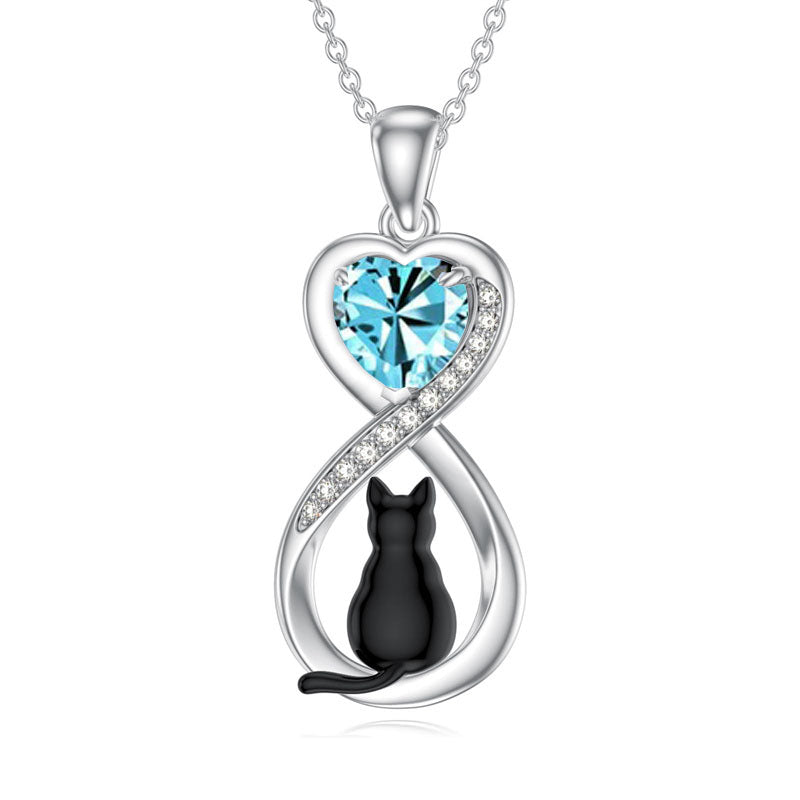 Sterling Silver Birthstone Infinity Black Cat Pendant  Necklace