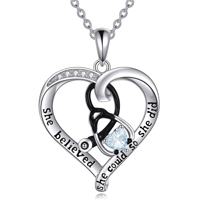 10K 14K 18K Gold Birthstone Caduceus & Stethoscope Pendant Necklace