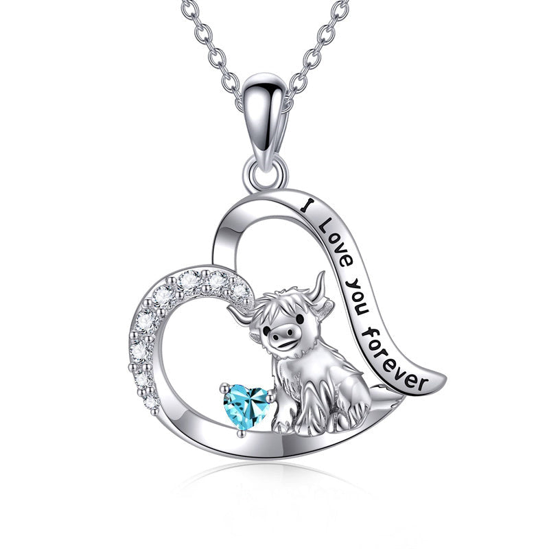 14K Gold 12 Months Birthstone Highland Cow Pendant Necklace