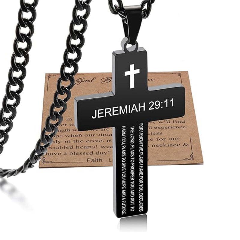 Stainless Steel Bible Verse Cross Necklace for Men with Cuban Chain
