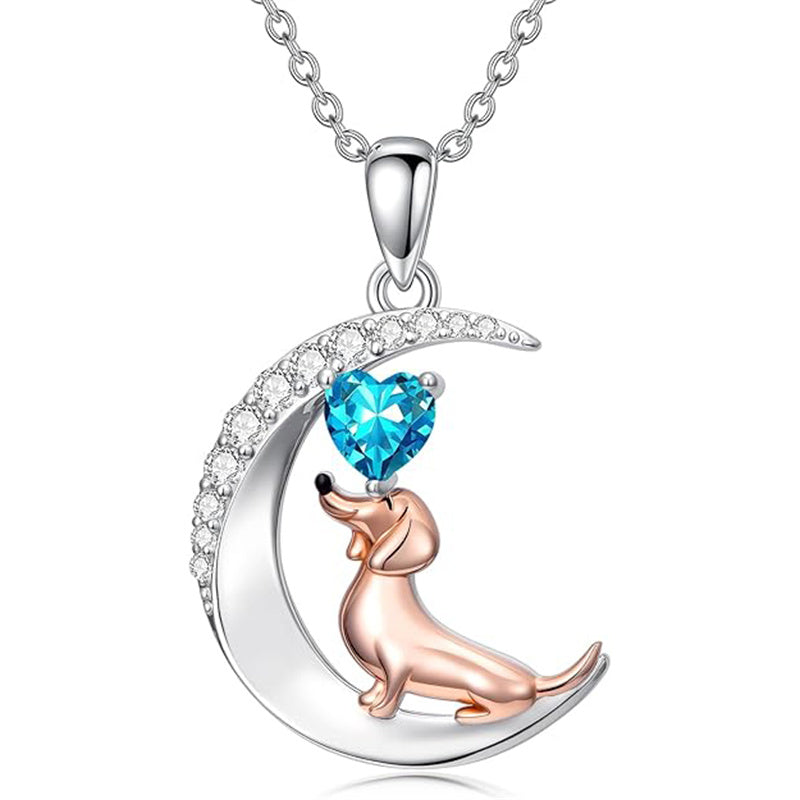 Sterling Silver Heart Birthstone  Dachshund Pendant Necklace