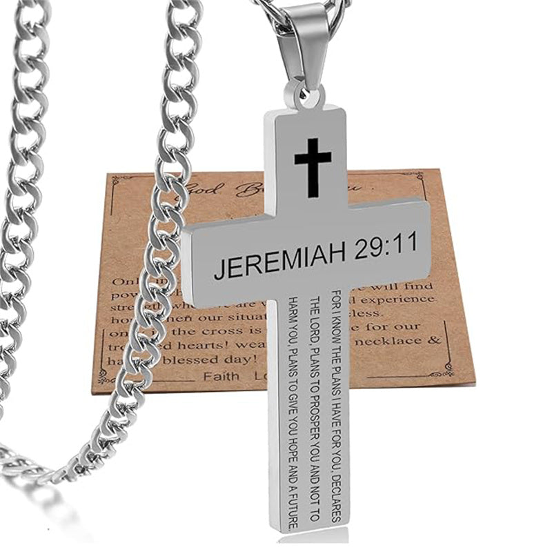 Stainless Steel Bible Verse Cross Necklace for Men with Cuban Chain