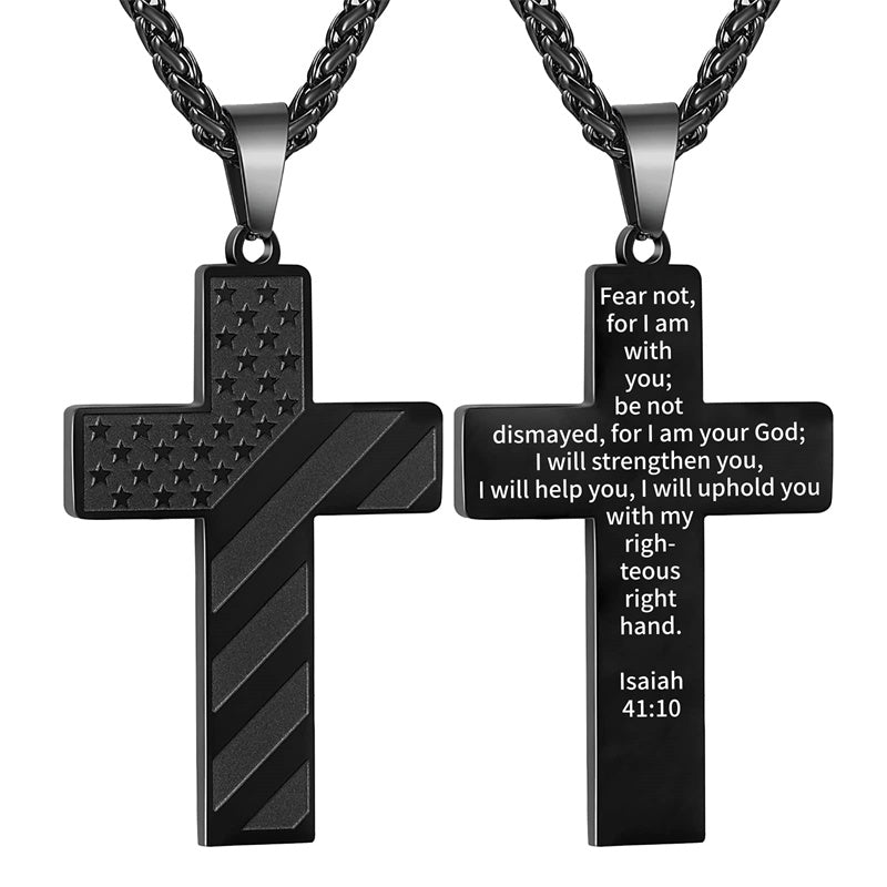 Stainless Steel Personalized Engraved American Flag Cross Pendant Necklace