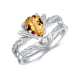 Sterling Silver Pear Cut Vine Leaf Gemstone Engagement Rings Set for Women