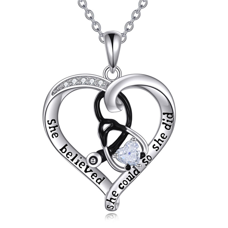 10K 14K 18K Gold Birthstone Caduceus & Stethoscope Pendant Necklace