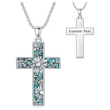 Sterling Silver Turquoise Personalized Engraved 12 Month Birth Flower Cross Pendant Necklace