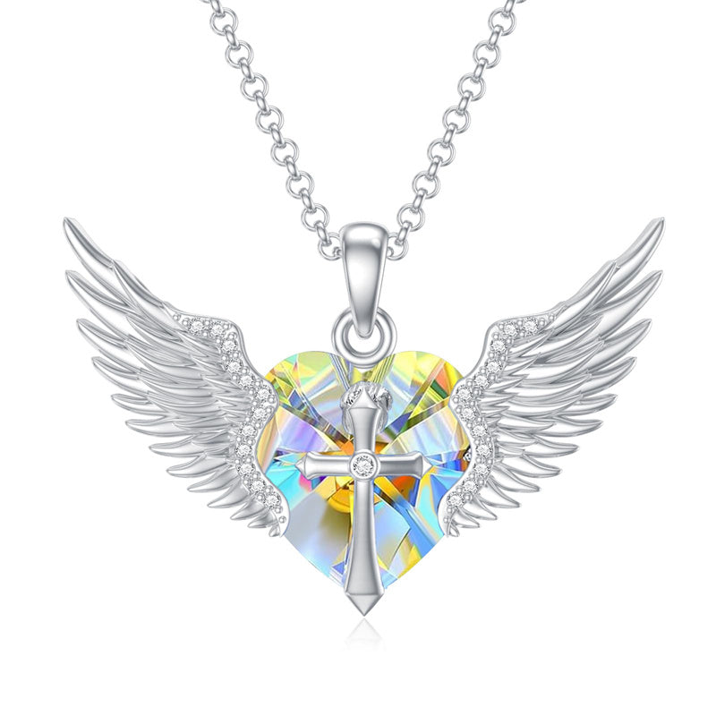 Sterling Silver Birthstone Angel Wings&Cross Pendant Necklace