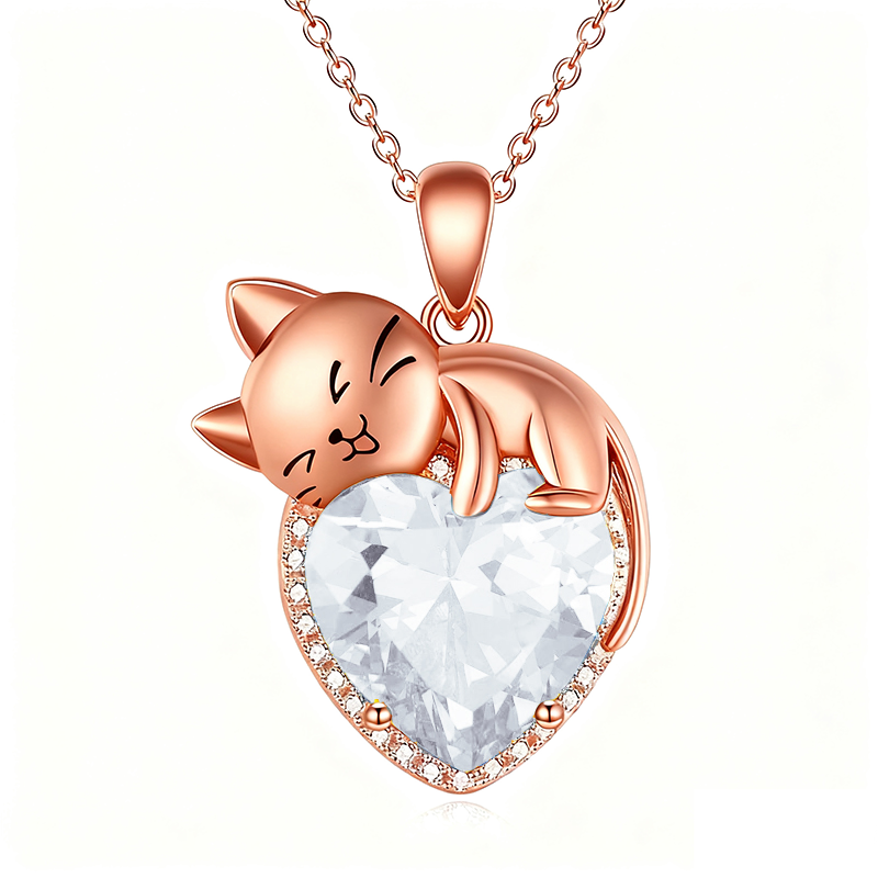 Sterling Silver Heart Birthstone Cat Pendant Necklace