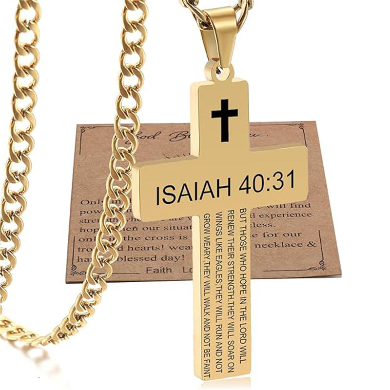 Stainless Steel Bible Verse Cross Necklace for Men with Cuban Chain