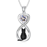 Sterling Silver Birthstone Infinity Black Cat Pendant  Necklace
