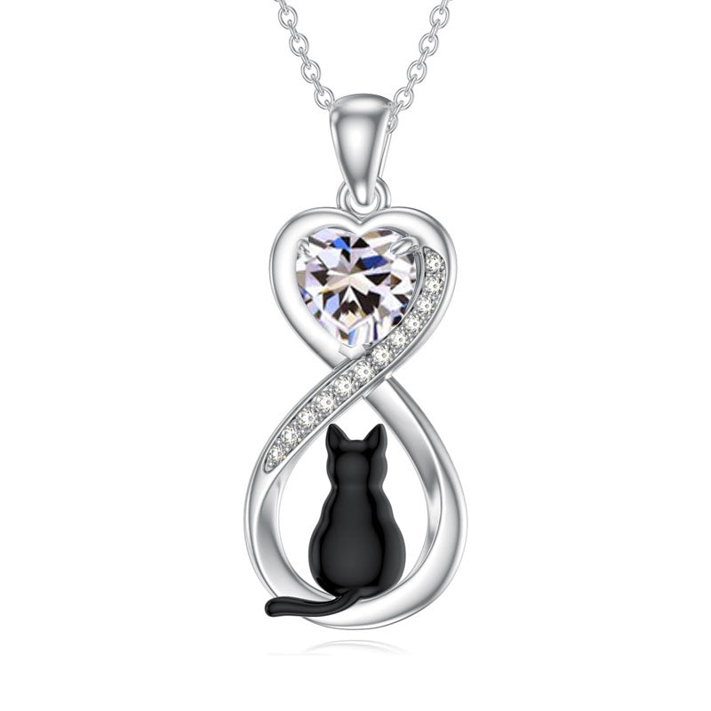 Sterling Silver Birthstone Infinity Black Cat Pendant  Necklace