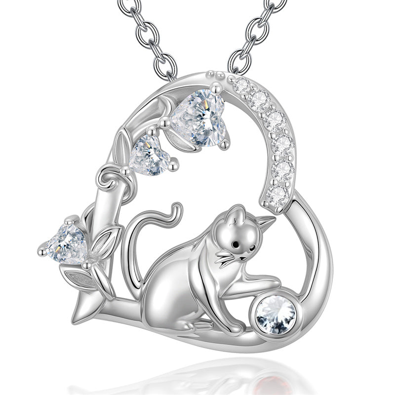 Sterling Silver 12 Month Birthstone Cat Pendant Necklace Gifts for Cat Lovers
