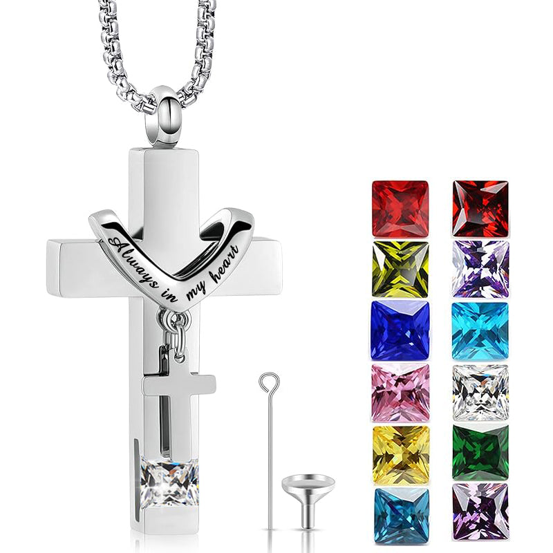 Stainless Steel Birthstones Cross Urn Necklaces for Ashes