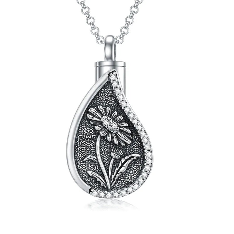 Sterling Silver Personalized Engraved Teardrop Birth Flower Urn Necklace for Ashes