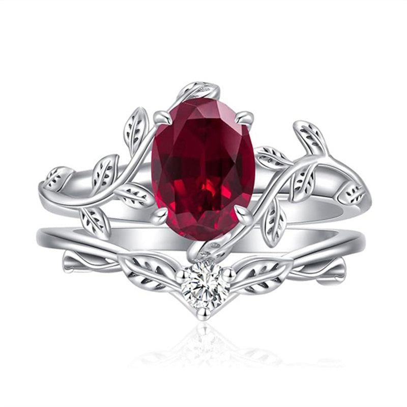 Sterling Silver Oval Shaped  Leaf Gemstone Engagement Rings Set for Women