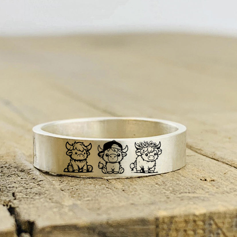 Sterling Silver Personalized Engraved Highland Cow Ring