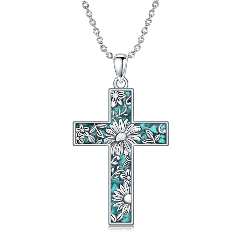 Sterling Silver Turquoise Personalized Engraved 12 Month Birth Flower Cross Pendant Necklace