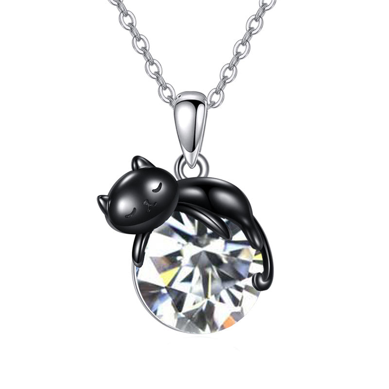 Sterling Silver Birthstone Infinity Black Cat Pendant  Necklace